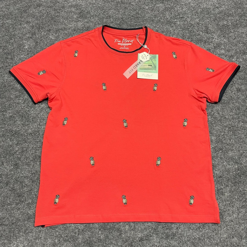 Free Planet Shirt Mens Medium Hot Pink Coral Embroidered Pineapple Relaxed Fit